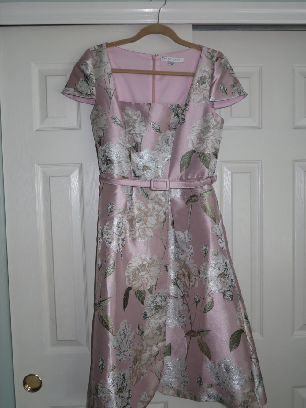 Kay Unger Pink Metallic Floral Midi Dress with Belt